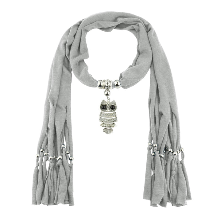 Long Fringed Solid Color Women Scarf Retro Owl Pendant Necklace Scarf Costume Accessories Image 9