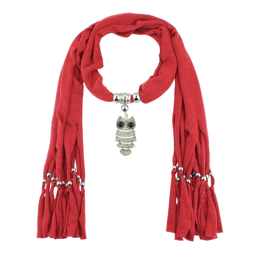 Long Fringed Solid Color Women Scarf Retro Owl Pendant Necklace Scarf Costume Accessories Image 10