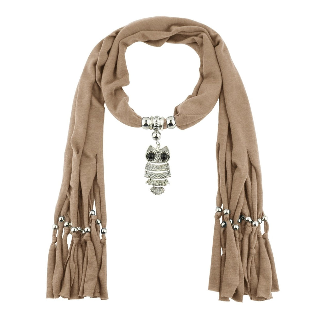 Long Fringed Solid Color Women Scarf Retro Owl Pendant Necklace Scarf Costume Accessories Image 11