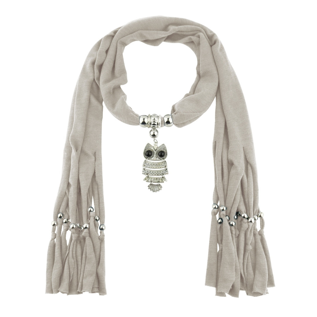 Long Fringed Solid Color Women Scarf Retro Owl Pendant Necklace Scarf Costume Accessories Image 12