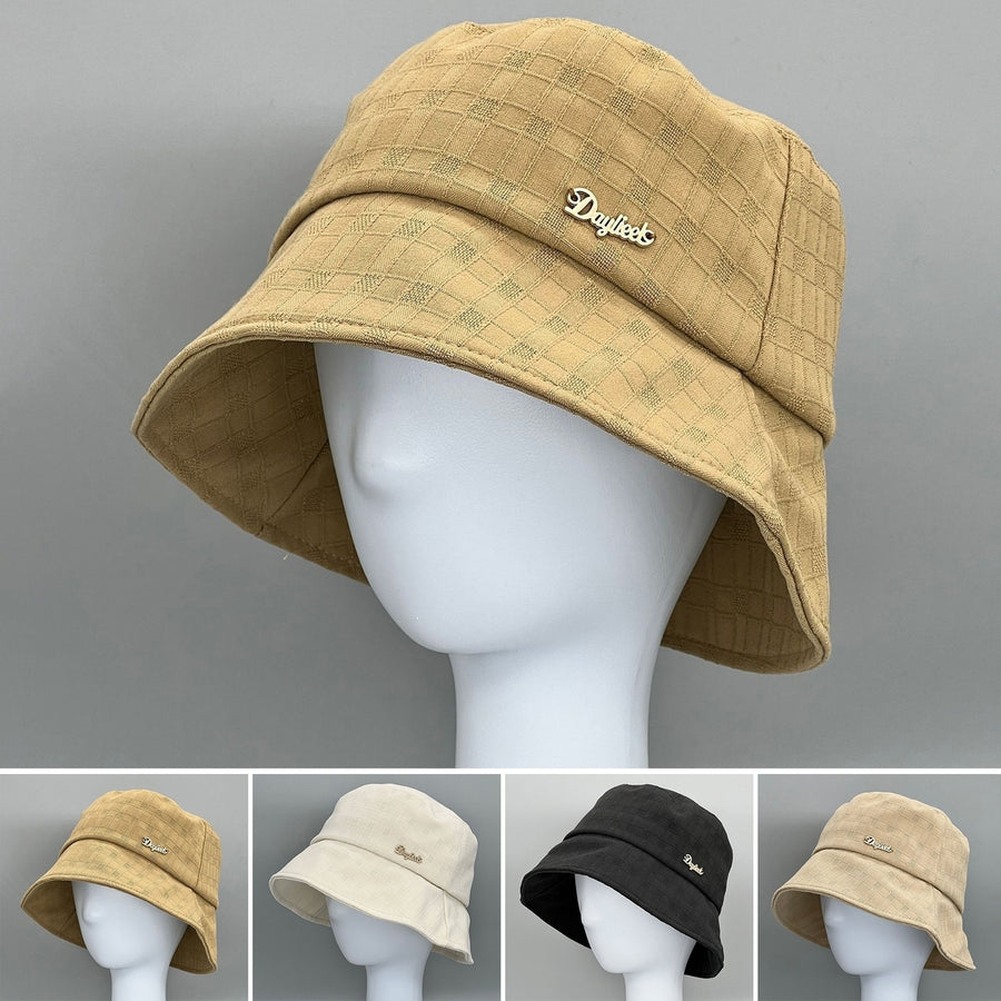 Bucket Hat Solid Color Wide Brim Breathable Foldable Plaid Decorative Flat Top Summer Women Outdoor Fisherman Hat for Image 1