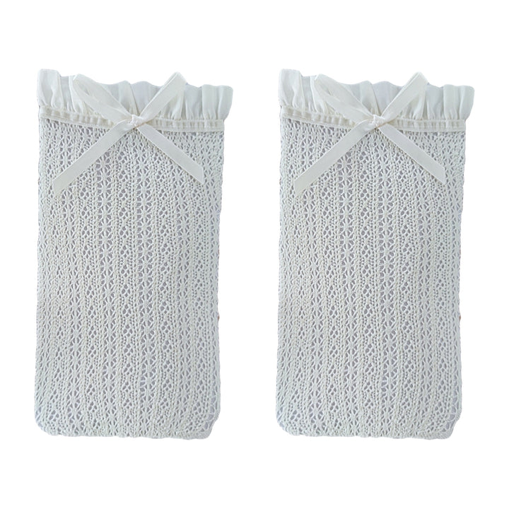 1 Pair Japanese Style Ruffle Trim Bowknot Decor Women Stockings Retro Solid Color Hollow Jacquard Long Socks Image 4