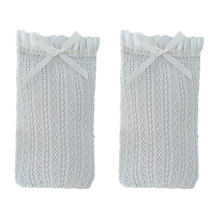 1 Pair Japanese Style Ruffle Trim Bowknot Decor Women Stockings Retro Solid Color Hollow Jacquard Long Socks Image 1