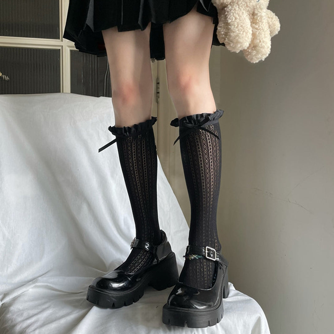1 Pair Japanese Style Ruffle Trim Bowknot Decor Women Stockings Retro Solid Color Hollow Jacquard Long Socks Image 6