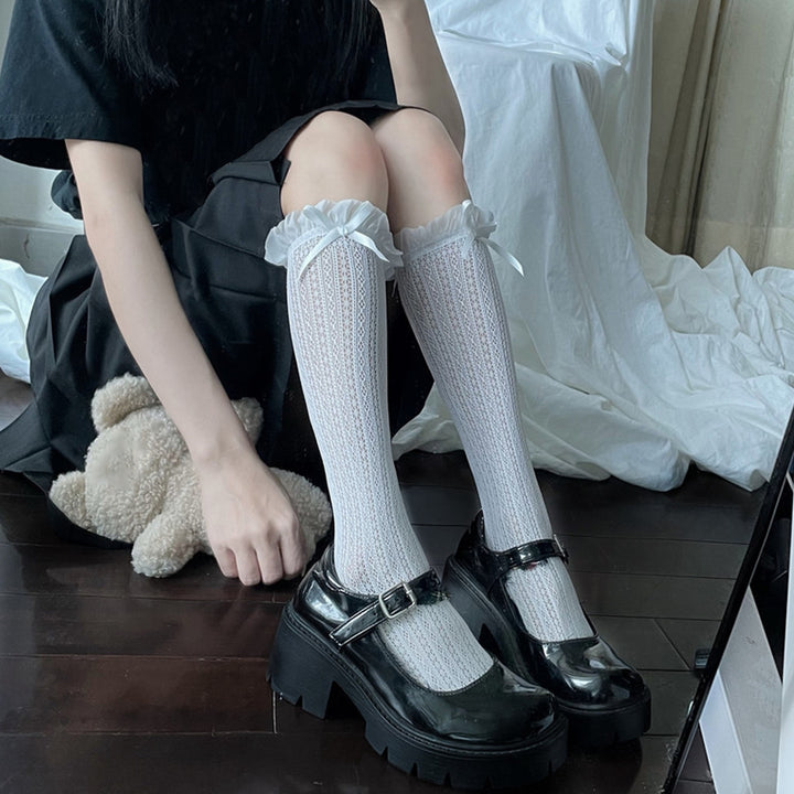 1 Pair Japanese Style Ruffle Trim Bowknot Decor Women Stockings Retro Solid Color Hollow Jacquard Long Socks Image 7