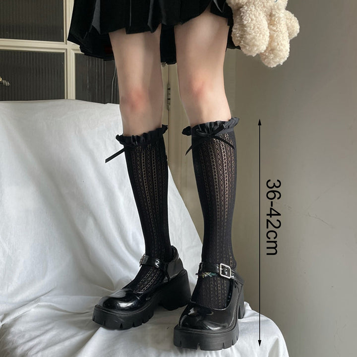 1 Pair Japanese Style Ruffle Trim Bowknot Decor Women Stockings Retro Solid Color Hollow Jacquard Long Socks Image 8