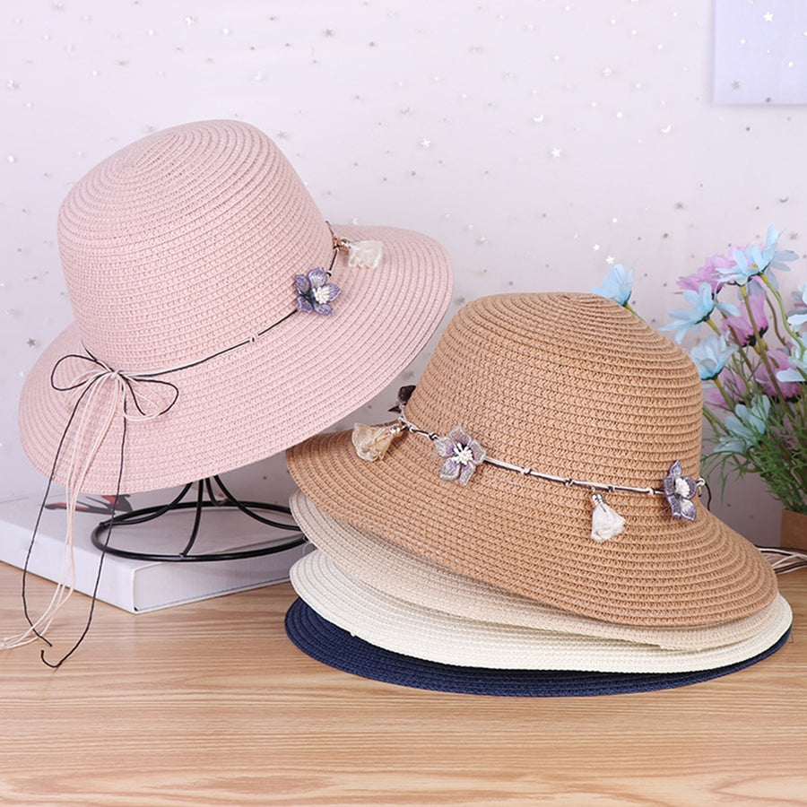 Women Straw Hat Flower Decor Strap Round Solid Color Wide Brim Sunscreen Breathable Korean Outdoor Travel Lady Fisherman Image 1