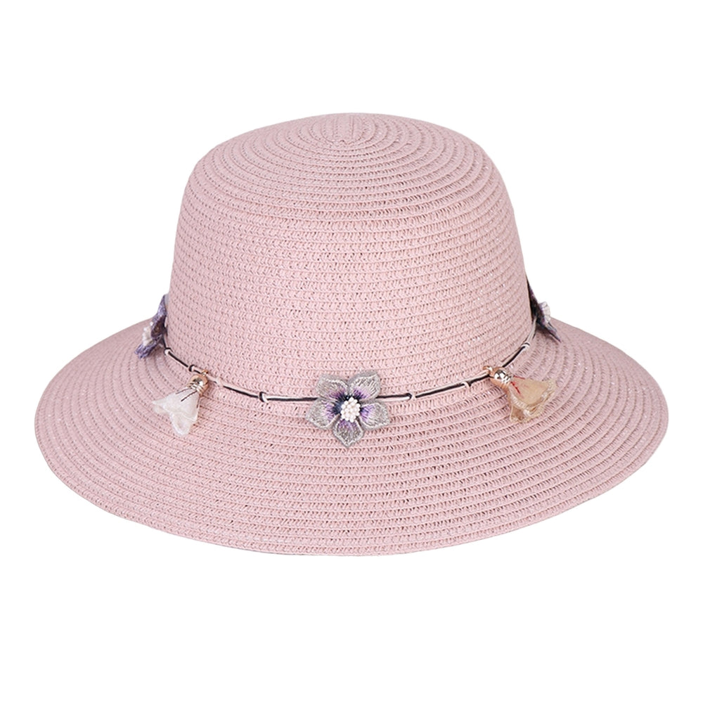 Women Straw Hat Flower Decor Strap Round Solid Color Wide Brim Sunscreen Breathable Korean Outdoor Travel Lady Fisherman Image 2