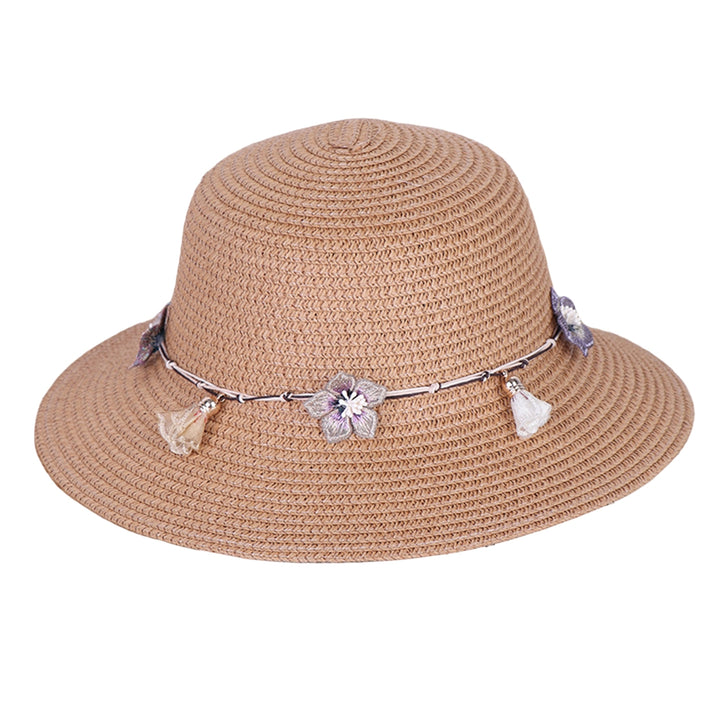 Women Straw Hat Flower Decor Strap Round Solid Color Wide Brim Sunscreen Breathable Korean Outdoor Travel Lady Fisherman Image 3