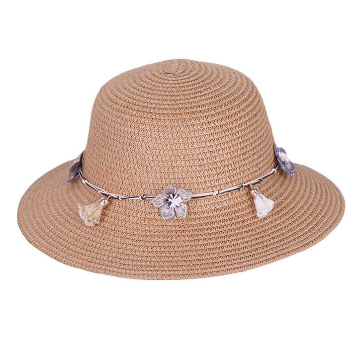 Women Straw Hat Flower Decor Strap Round Solid Color Wide Brim Sunscreen Breathable Korean Outdoor Travel Lady Fisherman Image 1