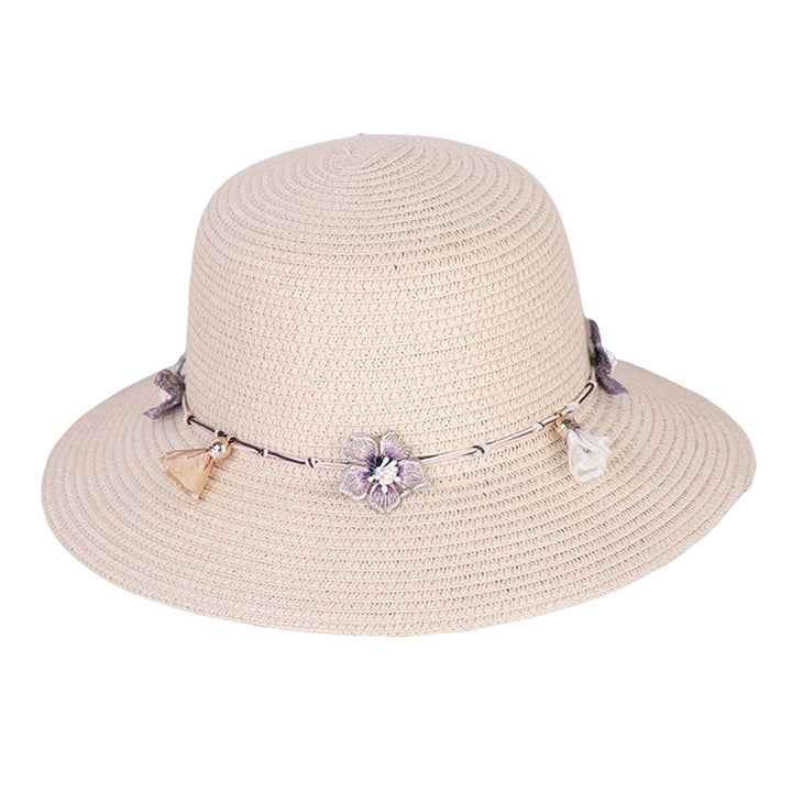 Women Straw Hat Flower Decor Strap Round Solid Color Wide Brim Sunscreen Breathable Korean Outdoor Travel Lady Fisherman Image 4