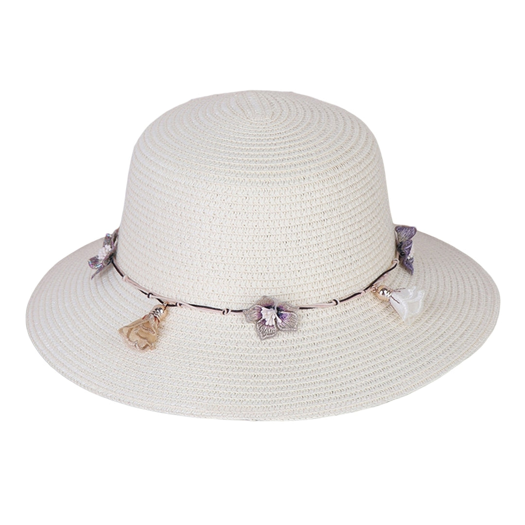Women Straw Hat Flower Decor Strap Round Solid Color Wide Brim Sunscreen Breathable Korean Outdoor Travel Lady Fisherman Image 4