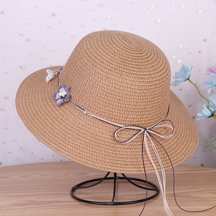 Women Straw Hat Flower Decor Strap Round Solid Color Wide Brim Sunscreen Breathable Korean Outdoor Travel Lady Fisherman Image 6