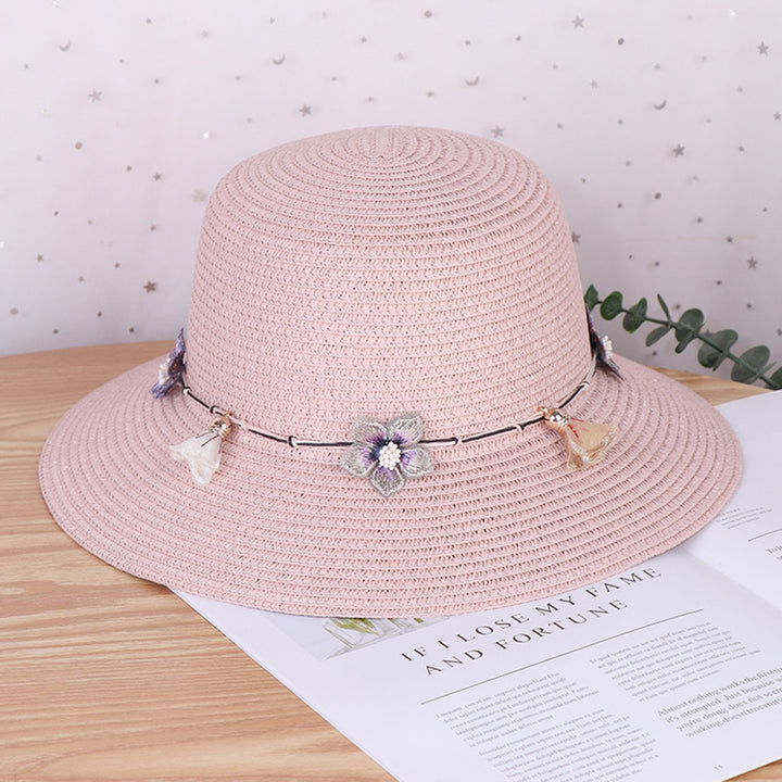 Women Straw Hat Flower Decor Strap Round Solid Color Wide Brim Sunscreen Breathable Korean Outdoor Travel Lady Fisherman Image 8