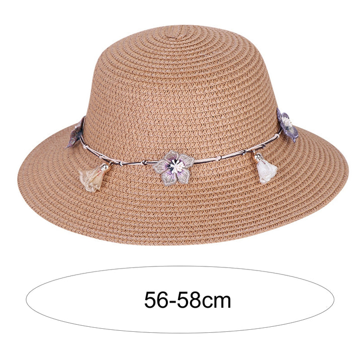 Women Straw Hat Flower Decor Strap Round Solid Color Wide Brim Sunscreen Breathable Korean Outdoor Travel Lady Fisherman Image 9