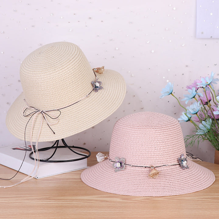 Women Straw Hat Flower Decor Strap Round Solid Color Wide Brim Sunscreen Breathable Korean Outdoor Travel Lady Fisherman Image 10