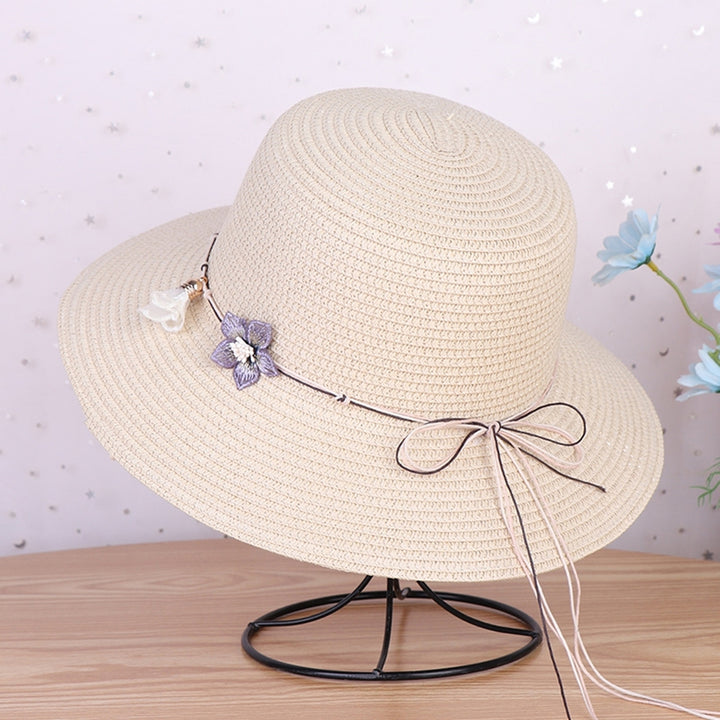 Women Straw Hat Flower Decor Strap Round Solid Color Wide Brim Sunscreen Breathable Korean Outdoor Travel Lady Fisherman Image 12