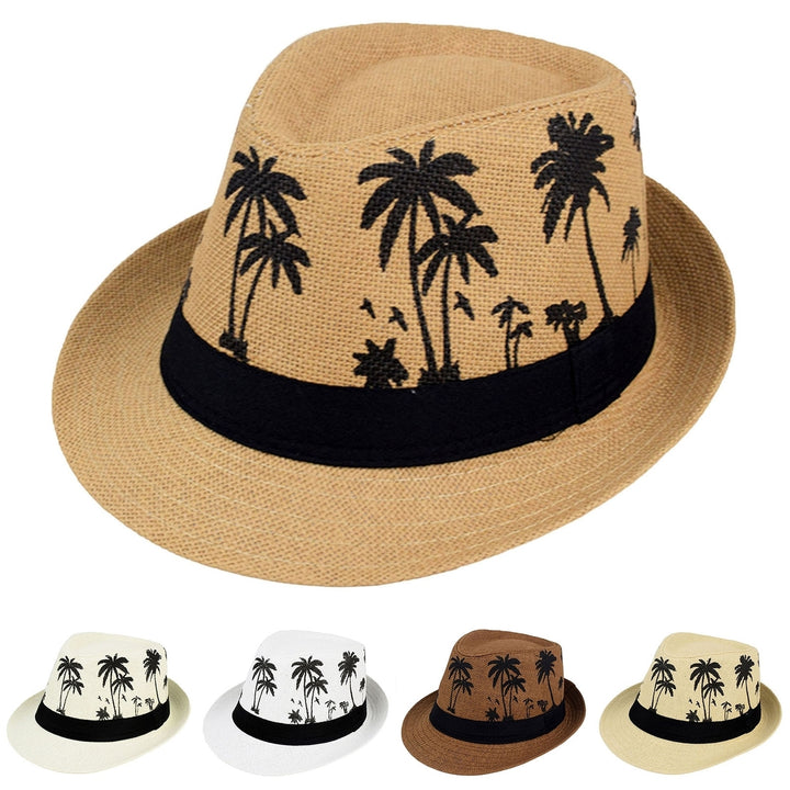 Men Beach Hat Breathable Short Brim Tree Print Contrast Color Flat Top Sun Protection Lightweight Outdoor Travel Jazz Image 1