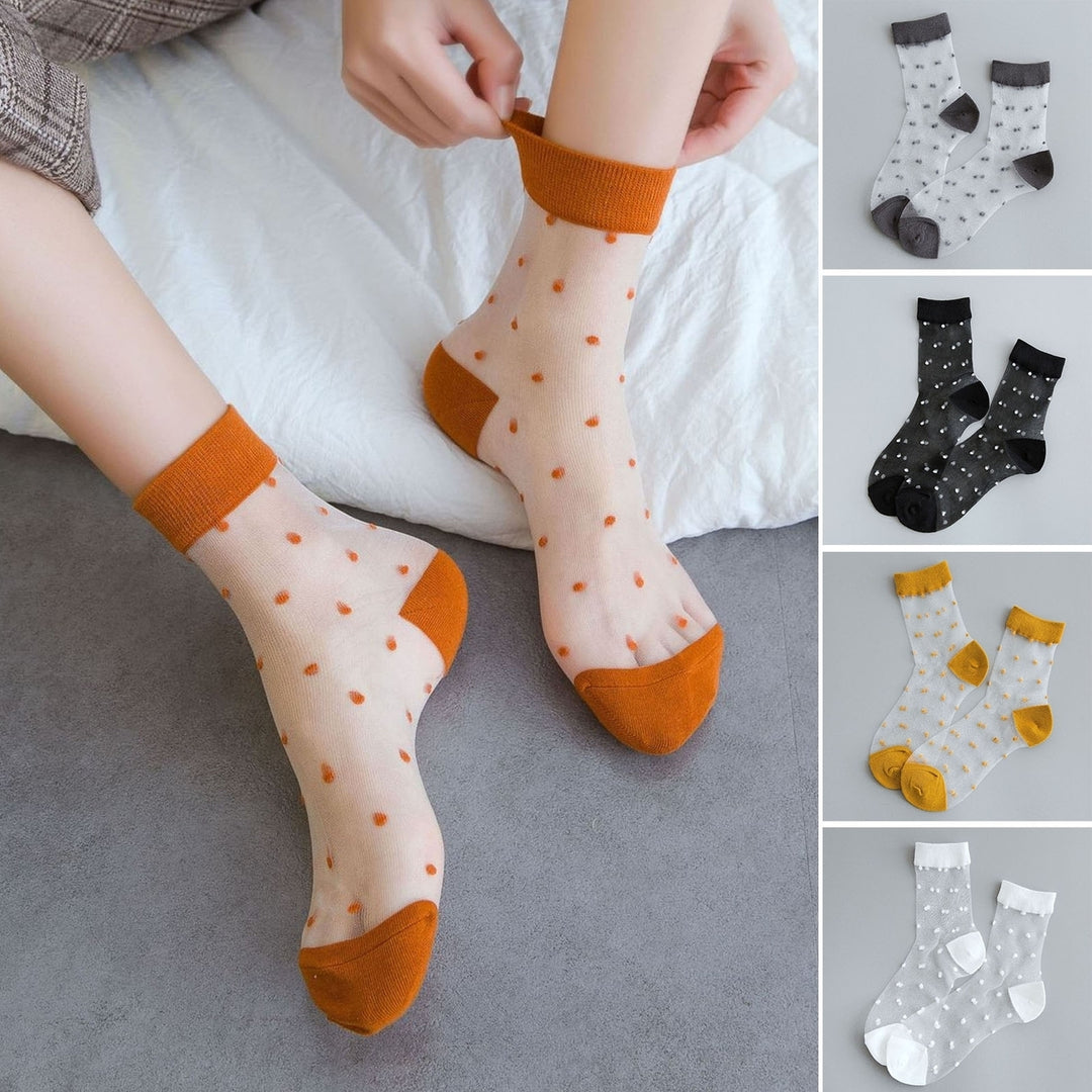 1 Pair Women Summer Socks Dot Print See-through Mesh Ultra Thin Elastic Sweat Absorption Patchwork Image 1