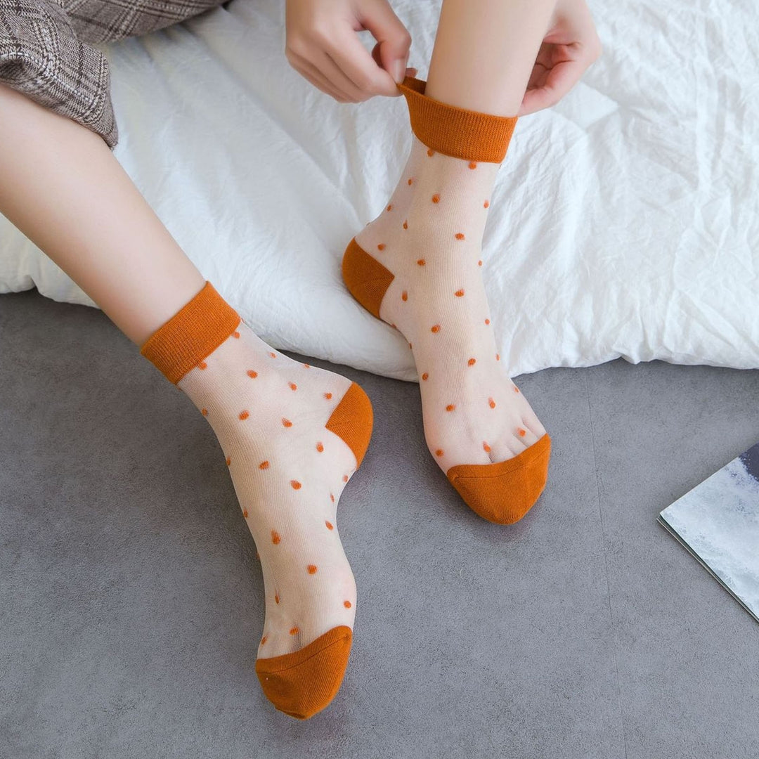 1 Pair Women Summer Socks Dot Print See-through Mesh Ultra Thin Elastic Sweat Absorption Patchwork Image 8