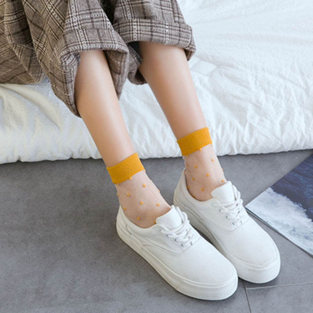 1 Pair Women Summer Socks Dot Print See-through Mesh Ultra Thin Elastic Sweat Absorption Patchwork Image 9