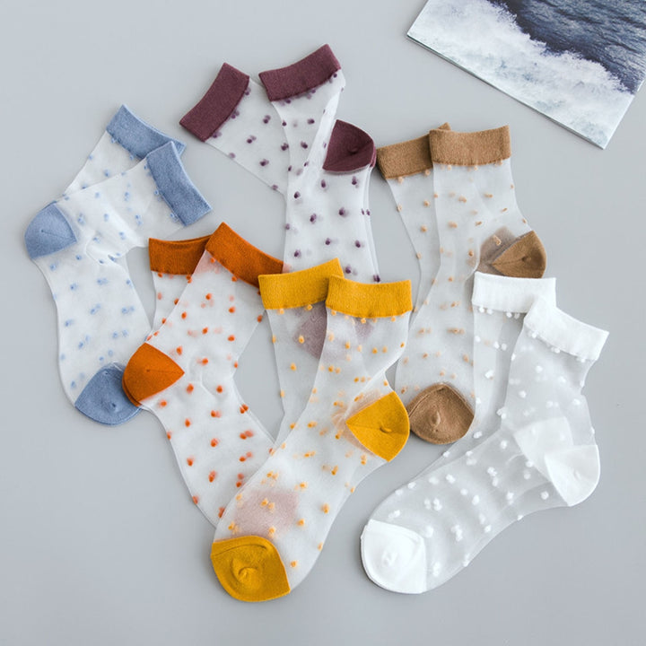 1 Pair Women Summer Socks Dot Print See-through Mesh Ultra Thin Elastic Sweat Absorption Patchwork Image 10