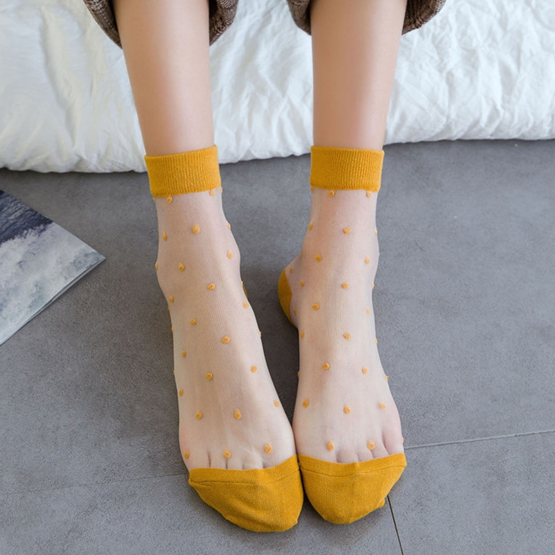 1 Pair Women Summer Socks Dot Print See-through Mesh Ultra Thin Elastic Sweat Absorption Patchwork Image 12
