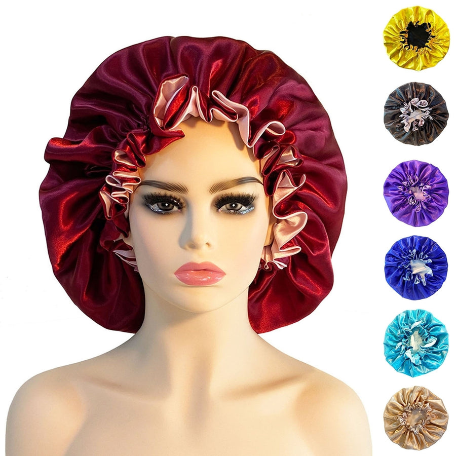 Women Hair Bonnet Double-layer Shirring Edge Solid Color Large Smooth Surface Hair Protection Silky Image 1