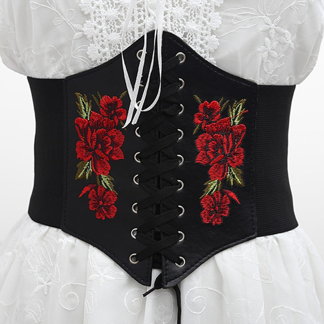 Waist Belt Embroidery Rose Flowers Stretch Rope Closure Comfortable Decorate Faux Leather Women Elastic Lace Up Corset Image 1