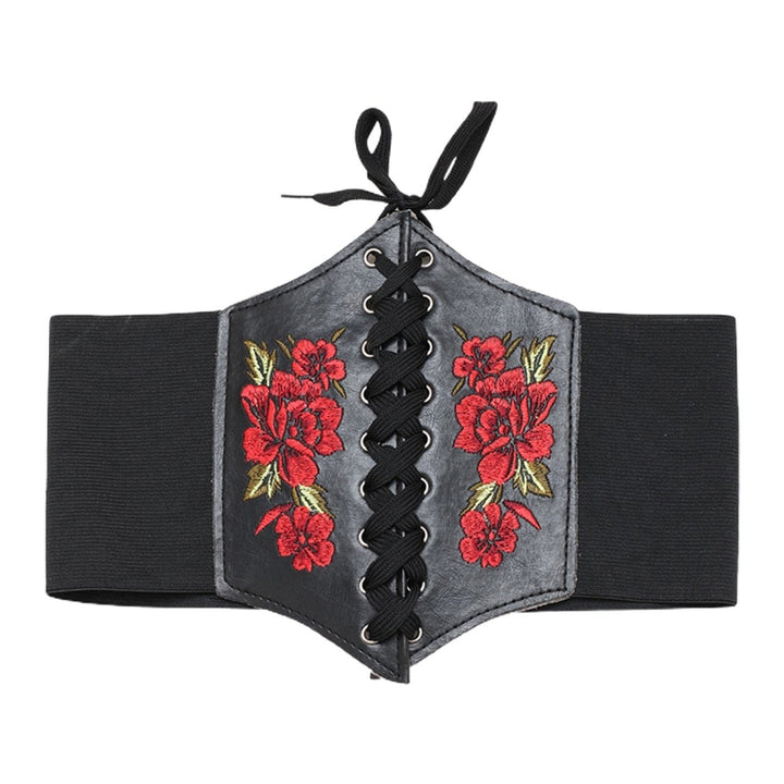 Waist Belt Embroidery Rose Flowers Stretch Rope Closure Comfortable Decorate Faux Leather Women Elastic Lace Up Corset Image 1