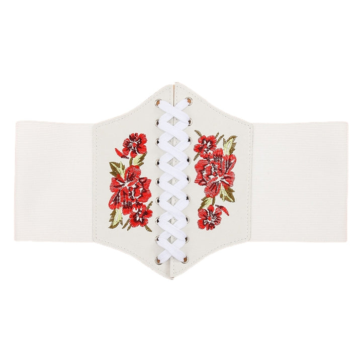 Waist Belt Embroidery Rose Flowers Stretch Rope Closure Comfortable Decorate Faux Leather Women Elastic Lace Up Corset Image 3