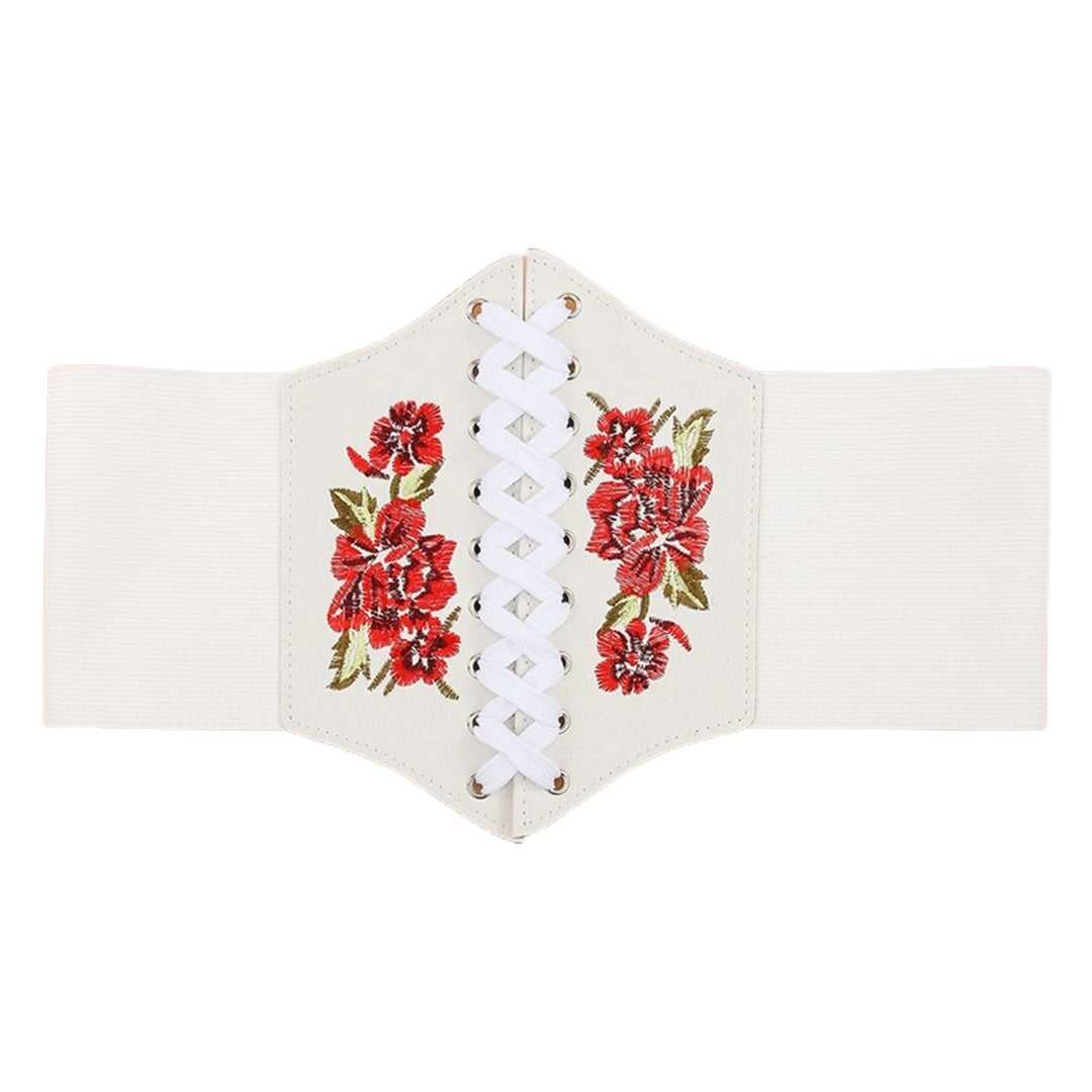 Waist Belt Embroidery Rose Flowers Stretch Rope Closure Comfortable Decorate Faux Leather Women Elastic Lace Up Corset Image 1