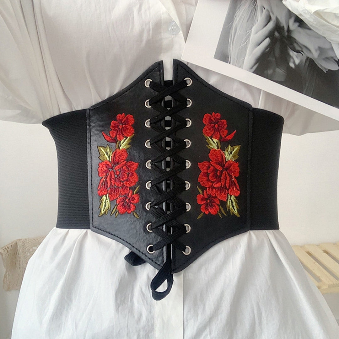 Waist Belt Embroidery Rose Flowers Stretch Rope Closure Comfortable Decorate Faux Leather Women Elastic Lace Up Corset Image 4