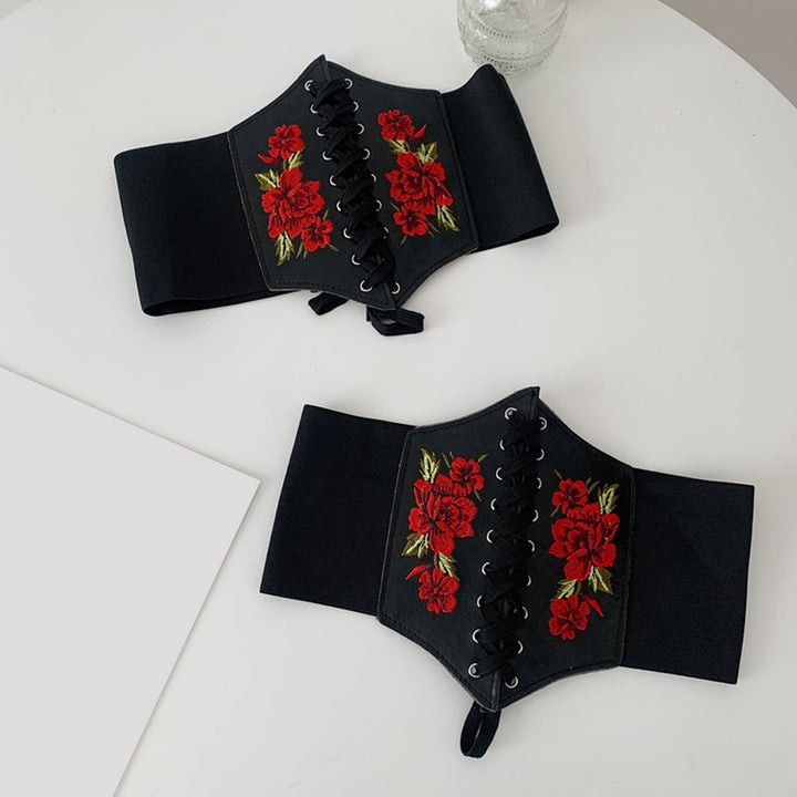 Waist Belt Embroidery Rose Flowers Stretch Rope Closure Comfortable Decorate Faux Leather Women Elastic Lace Up Corset Image 6