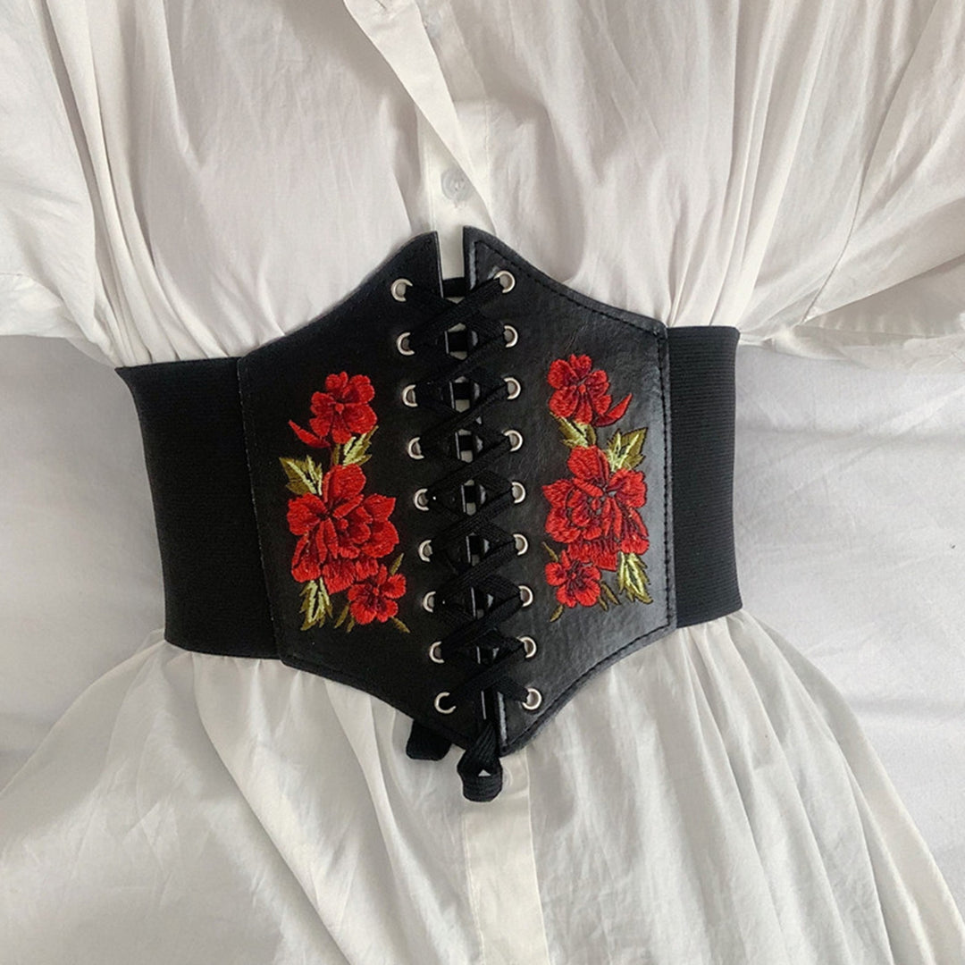Waist Belt Embroidery Rose Flowers Stretch Rope Closure Comfortable Decorate Faux Leather Women Elastic Lace Up Corset Image 8