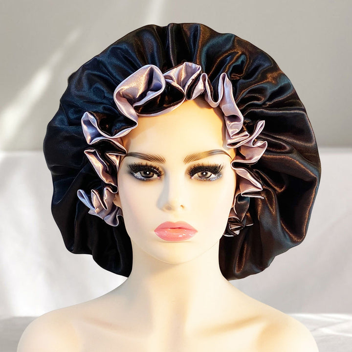 Women Hair Bonnet Double-layer Shirring Edge Solid Color Large Smooth Surface Hair Protection Silky Image 10