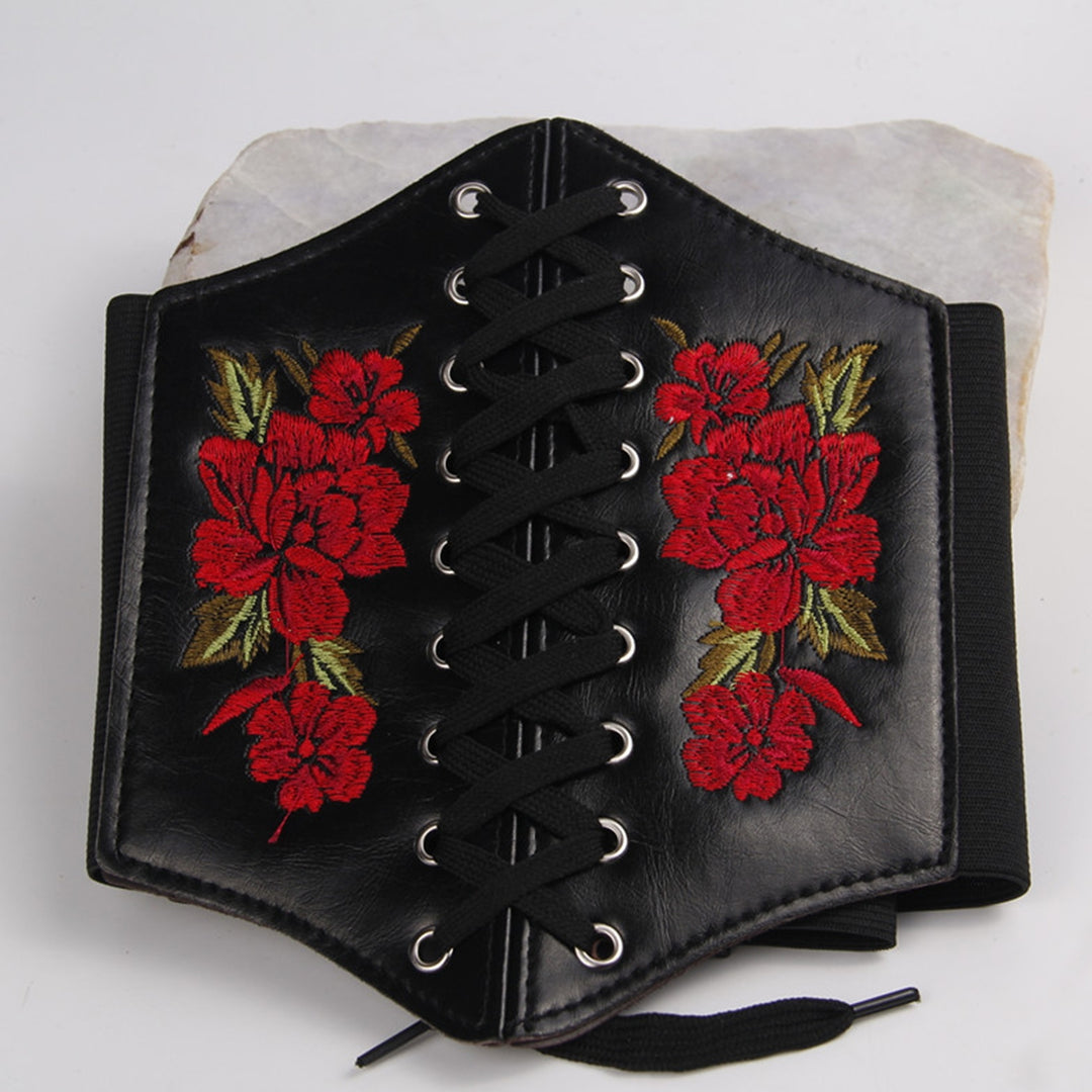 Waist Belt Embroidery Rose Flowers Stretch Rope Closure Comfortable Decorate Faux Leather Women Elastic Lace Up Corset Image 9