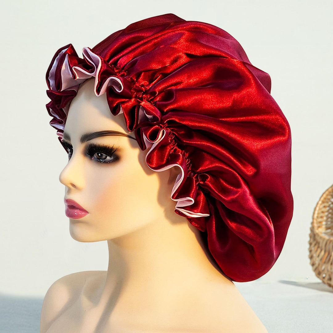 Women Hair Bonnet Double-layer Shirring Edge Solid Color Large Smooth Surface Hair Protection Silky Image 11