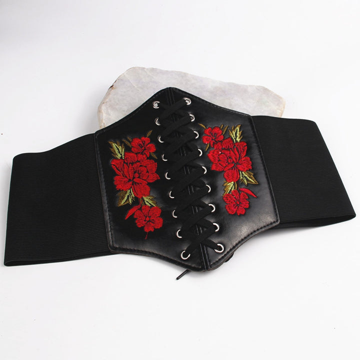 Waist Belt Embroidery Rose Flowers Stretch Rope Closure Comfortable Decorate Faux Leather Women Elastic Lace Up Corset Image 10