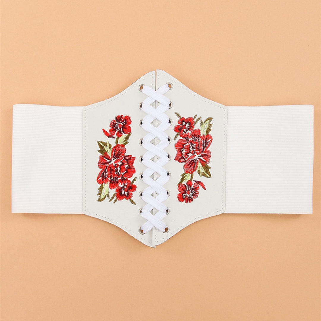 Waist Belt Embroidery Rose Flowers Stretch Rope Closure Comfortable Decorate Faux Leather Women Elastic Lace Up Corset Image 11