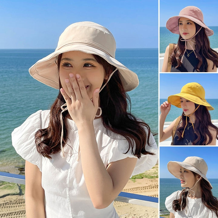 Women Fisherman Hat Empty Top Solid Color Wide Brim Sunscreen Fasten Strap Anti-UV Windproof Foldable Gardening Summer Image 1