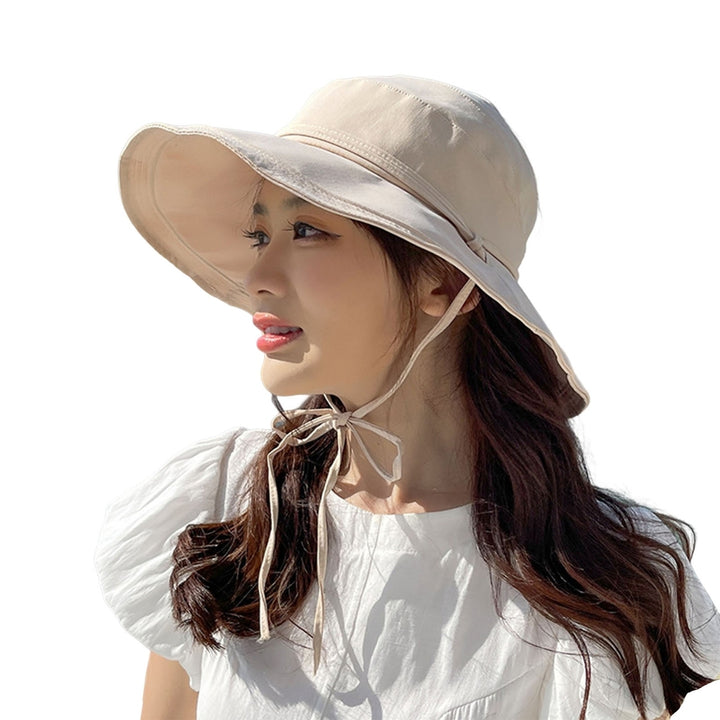 Women Fisherman Hat Empty Top Solid Color Wide Brim Sunscreen Fasten Strap Anti-UV Windproof Foldable Gardening Summer Image 4