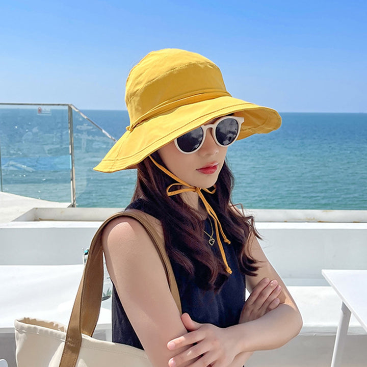 Women Fisherman Hat Empty Top Solid Color Wide Brim Sunscreen Fasten Strap Anti-UV Windproof Foldable Gardening Summer Image 6