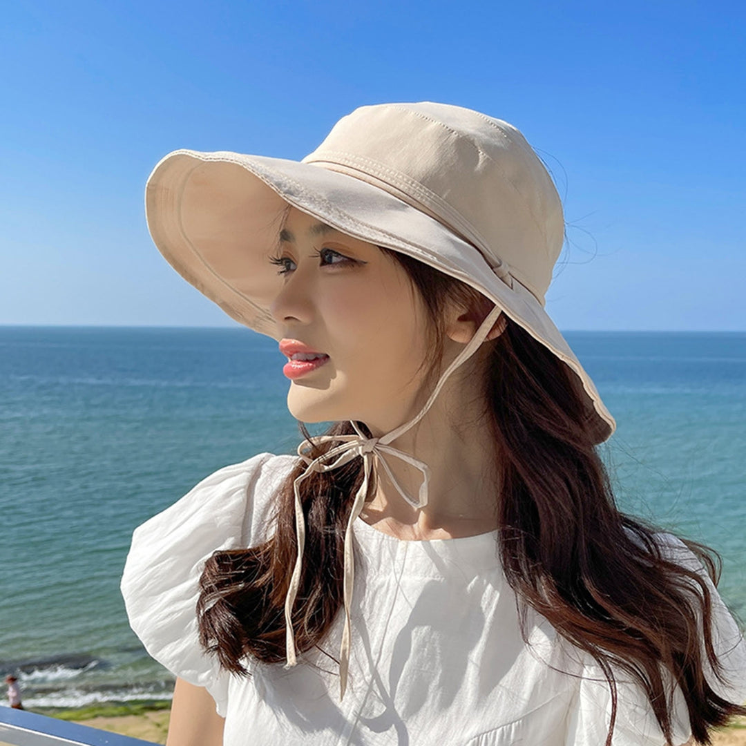 Women Fisherman Hat Empty Top Solid Color Wide Brim Sunscreen Fasten Strap Anti-UV Windproof Foldable Gardening Summer Image 7