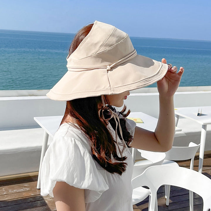 Women Fisherman Hat Empty Top Solid Color Wide Brim Sunscreen Fasten Strap Anti-UV Windproof Foldable Gardening Summer Image 10