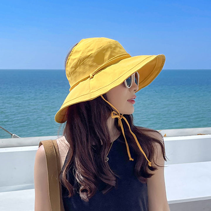 Women Fisherman Hat Empty Top Solid Color Wide Brim Sunscreen Fasten Strap Anti-UV Windproof Foldable Gardening Summer Image 11