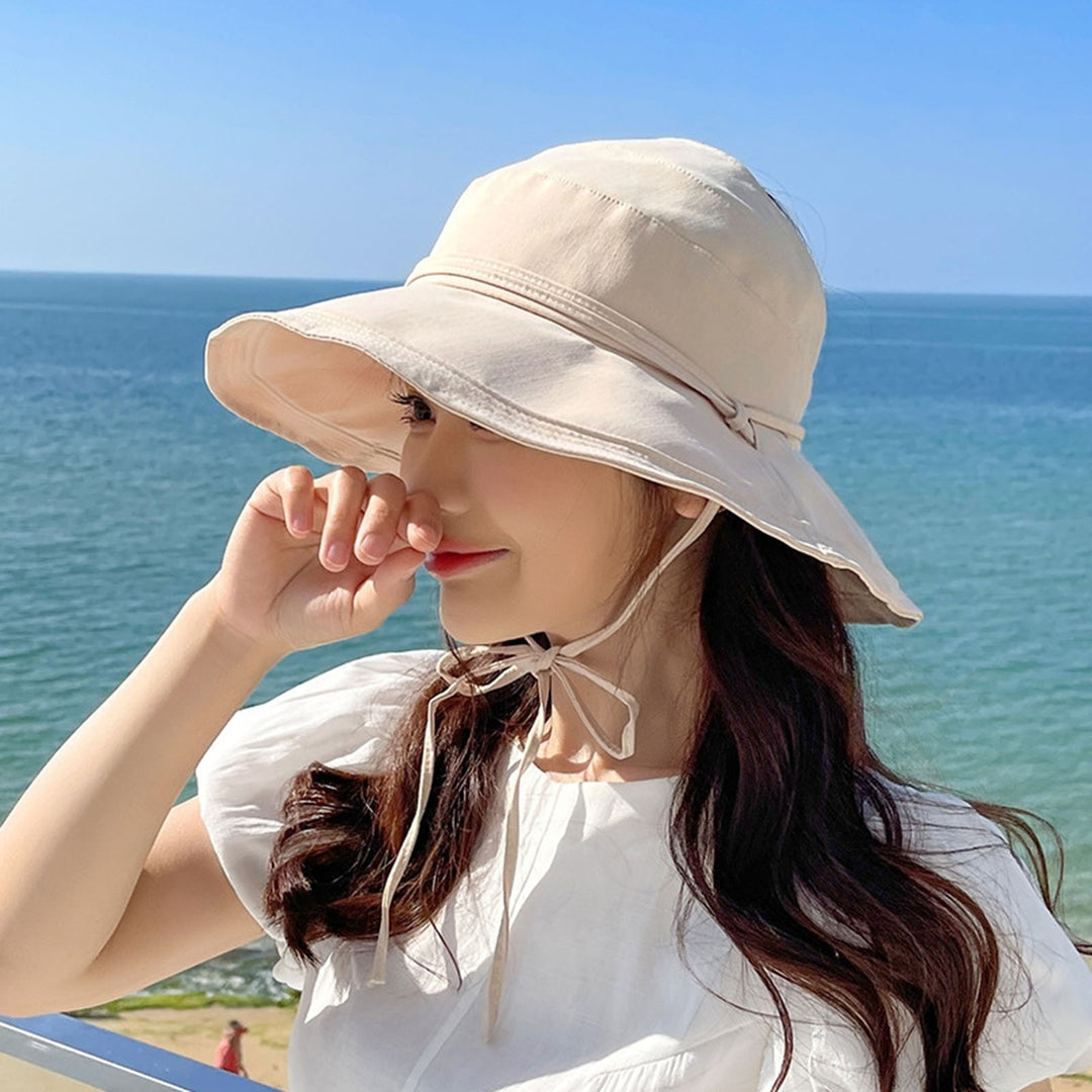 Women Fisherman Hat Empty Top Solid Color Wide Brim Sunscreen Fasten Strap Anti-UV Windproof Foldable Gardening Summer Image 12