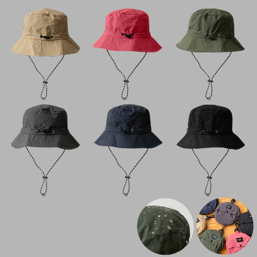Women Men Fisherman Hat Wide Brim Windproof Fixed Strap Solid Color Flat Top Round Sunscreen Image 1