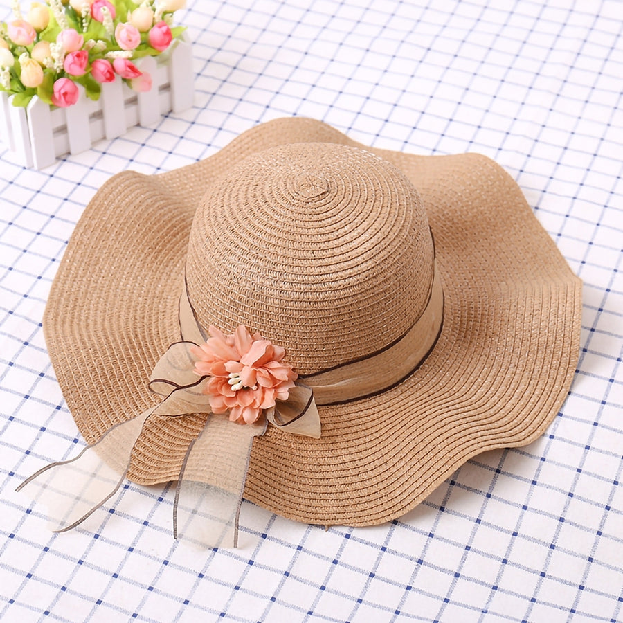 Flower Decor Lace-up Bowknot Round Dome Sun Hat Women Big Wave Brim Floppy Straw Hat Fashion Accessories Image 1