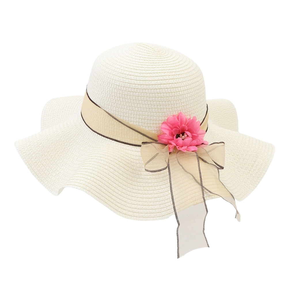 Flower Decor Lace-up Bowknot Round Dome Sun Hat Women Big Wave Brim Floppy Straw Hat Fashion Accessories Image 2